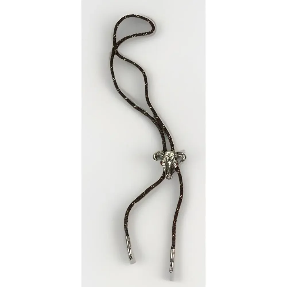 Western Ram Skull Bolo Tie Silver Tone Red Eyes Brown Braided Cord 33”